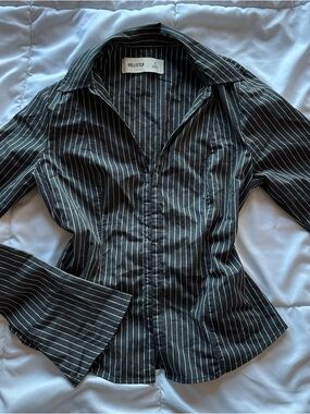 Hollister Black Shirt with White Pinstripes